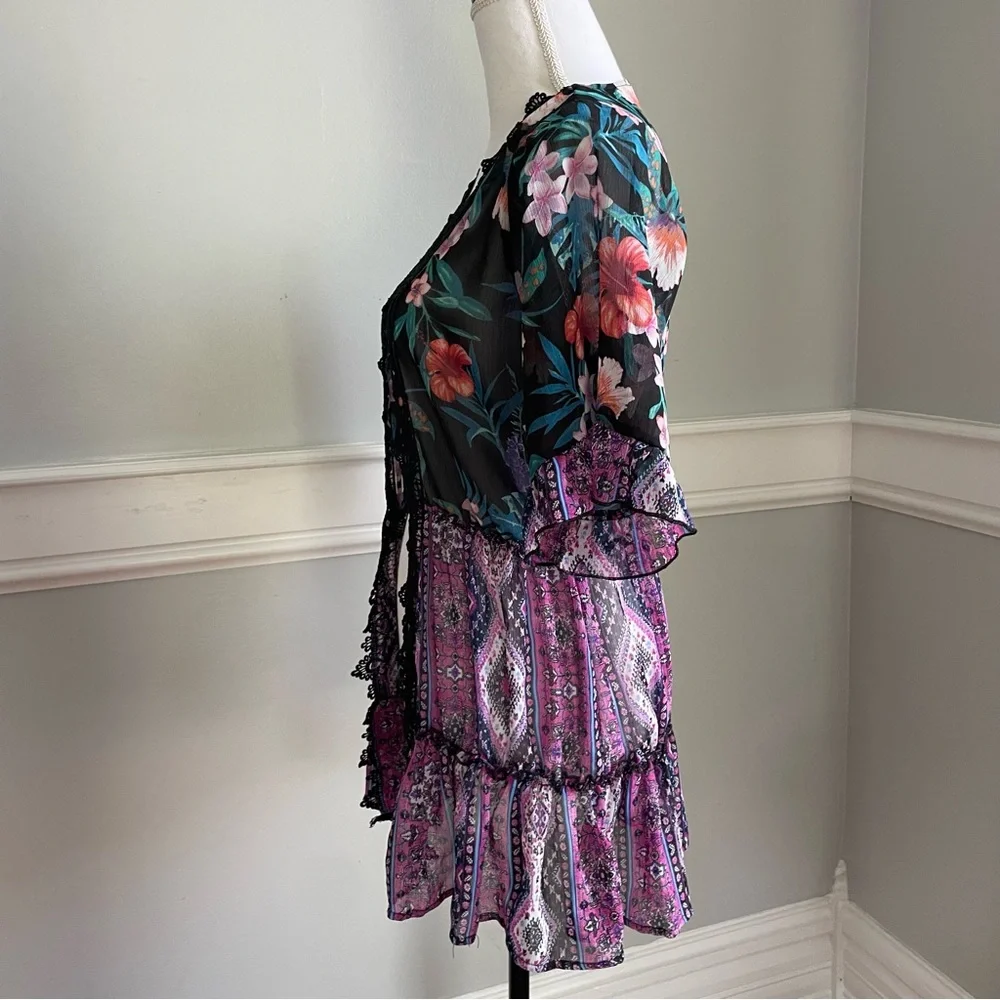 Tru Self Sheer Tropical Floral Kimono Blouse w/ Black Lace Trim – Size Small - Picture 8 of 9